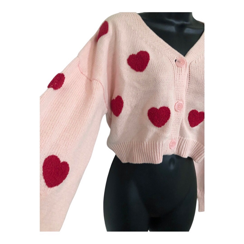 Jessica Simpson tufted embroidered red hearts cropped pink cardigan size XL new‎ - Picture 6 of 12
